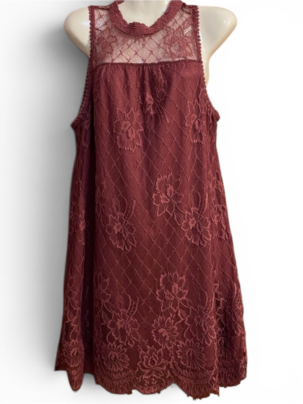 Coco & Jaimeson Lace High-Neck Mini Dress in Burgundy